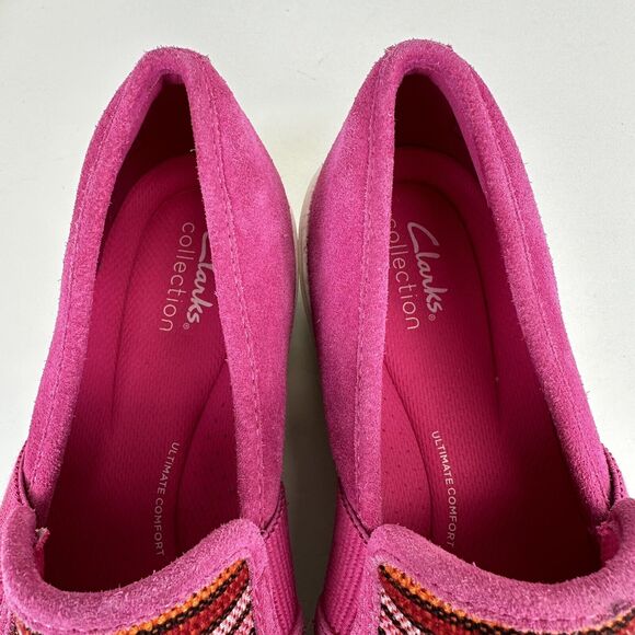 Clarks Collection 10 W Layton Petal Fuchsia Stripe Slip On Sneaker Comfort Shoe - Picture 8 of 9